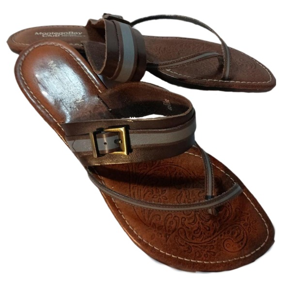 Montego Bay Club Shoes - Montego‎ Bay Club Leather Collection Brown Blue Leather Strappy Sandals SKUW086